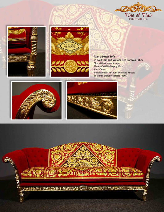A luxury 3-seater sofa with a solid high back and armrest, upholstered in red barocco fabric with gold accents and detailing.