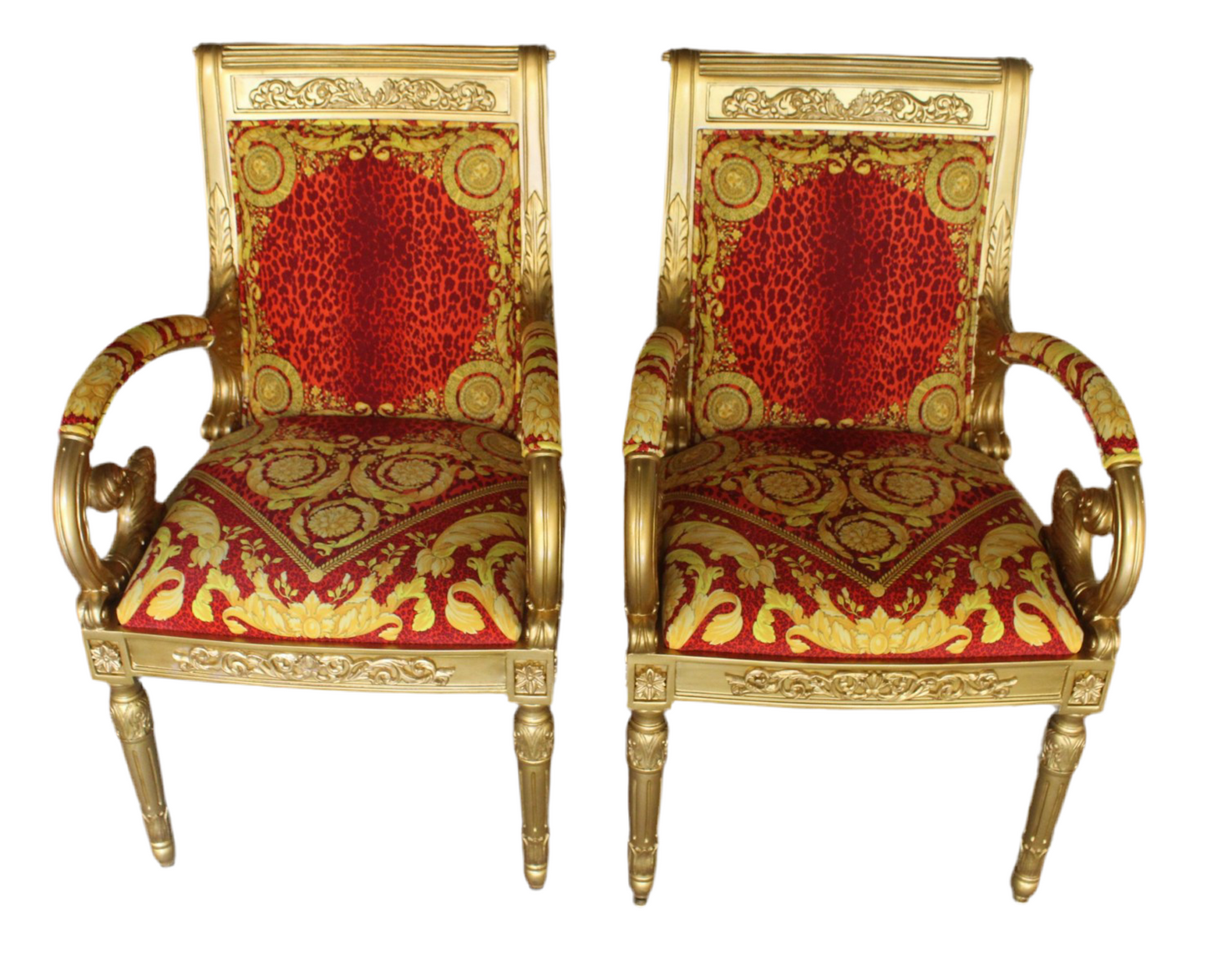 Pair Armchair Custom Vanitas in Versace Barocco Leopard Red Velvet Fabric Free Shipping