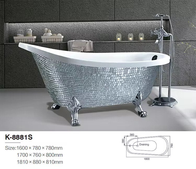 Luxury Free Standing Hotel Designs Bathtub Acrylic Mosaic Claw Footed Gold Silver Blue