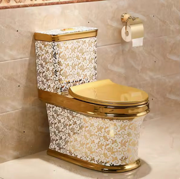 Luxury Bathroom Toilet Seat Gold With White Stylish Designs Dual Flush Floor Mounted