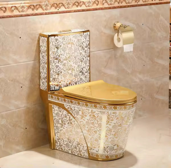 Luxury Bathroom Toilet Seat White Gold Dual Flush Floor Mounted