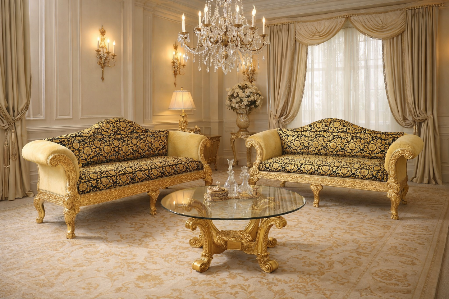 Luxury Sofa 3-Seater Covered In Versace Gold Black Vanity Barocco Velvet Fabric 229cm x 86cm x 91cm