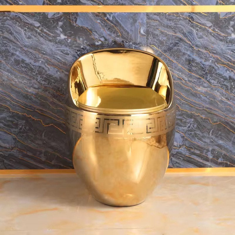 Luxury Greek Key Round Tankless Gold Ceramic One Piece Floor Mounted Toilet