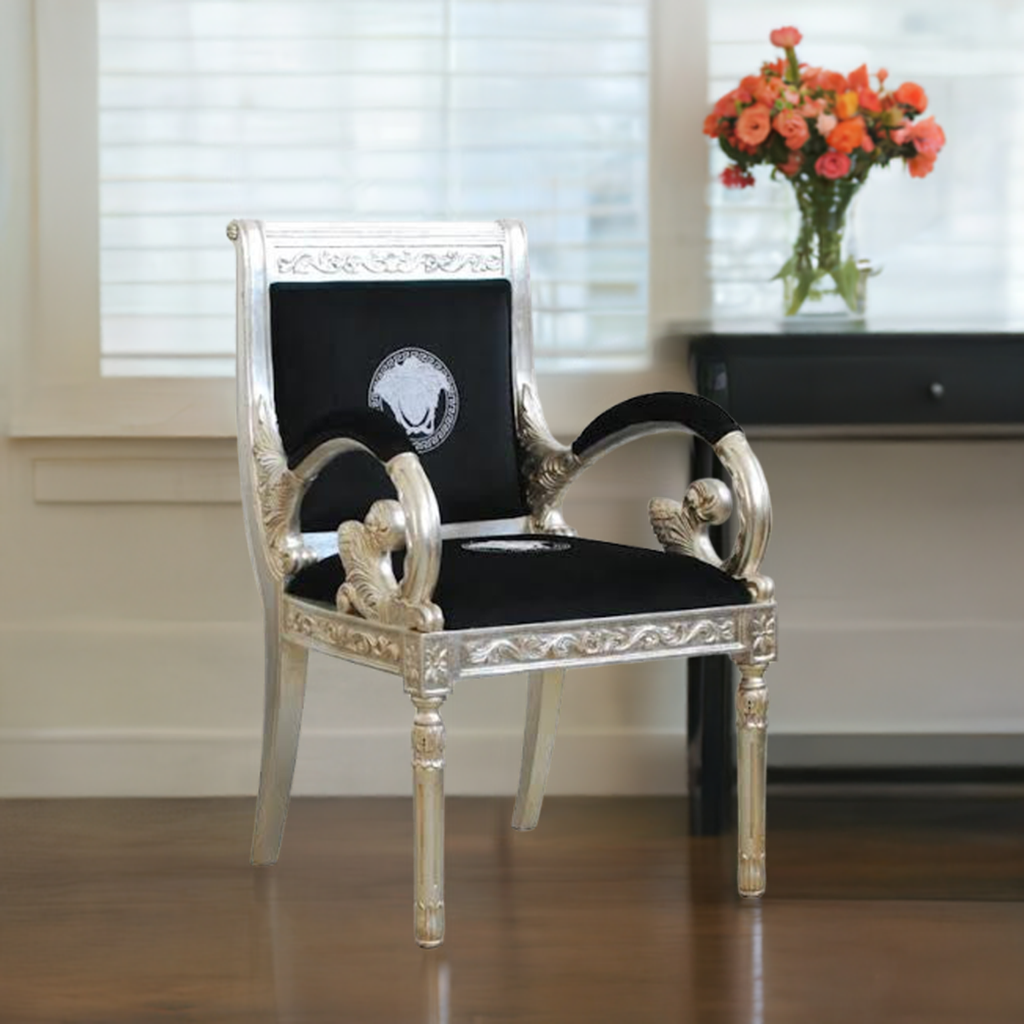 Luxury Armchair Custom Vanitas Silver Medusa Embroidery In Silver Finish Free Shipping