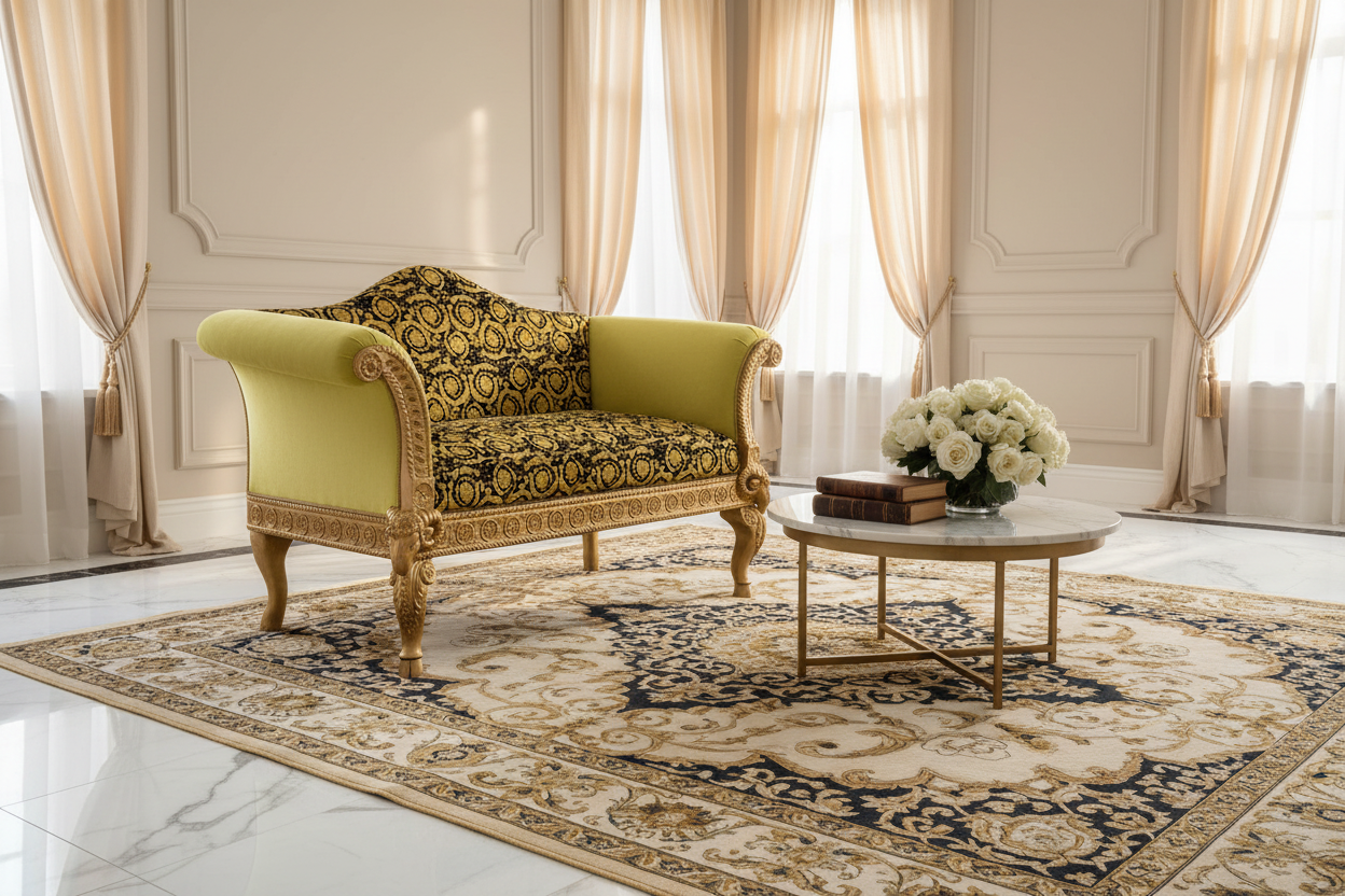 Versace Barocco Velvet Single Seater Armchair — Gold Leaf Ram's Head Carved Mahogany | 117cm