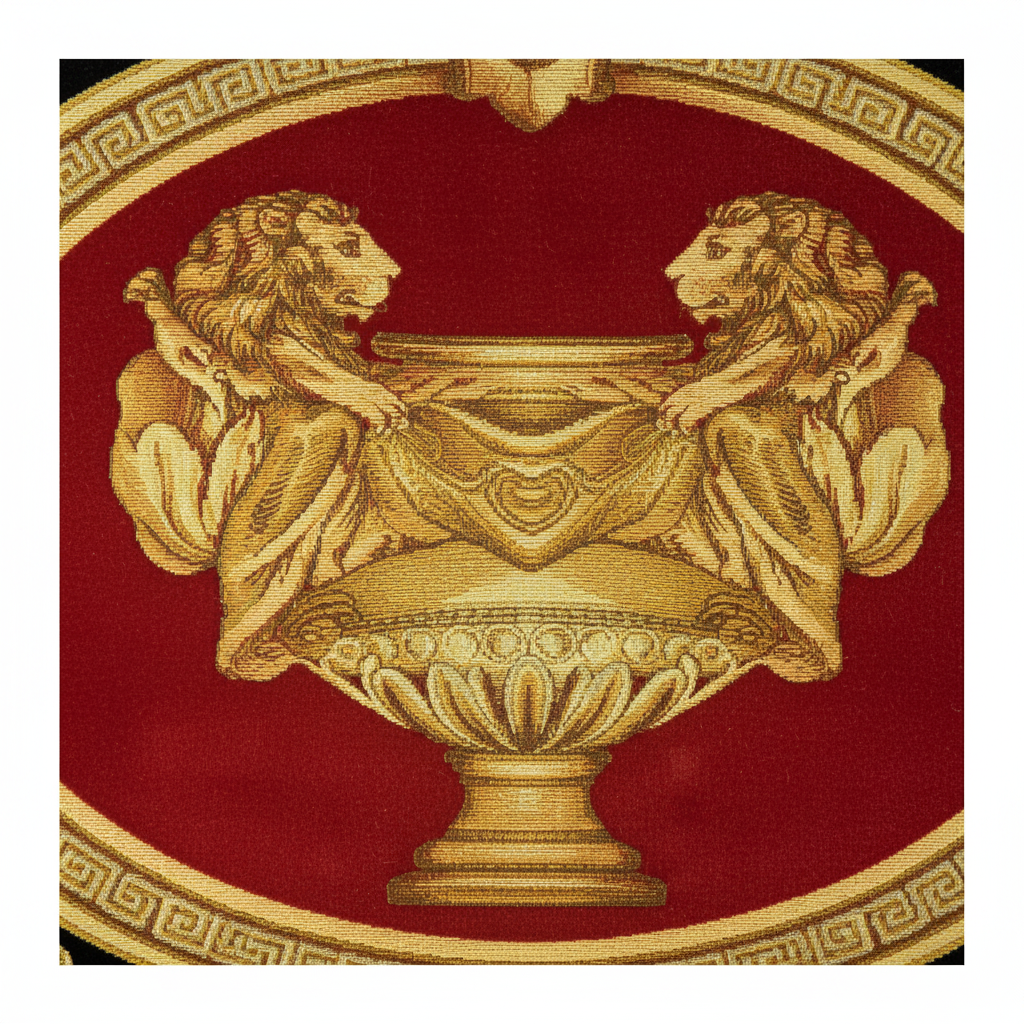 Close-up macro detail of Versace Red Double Lion velvet fabric with iconic Double Lion motif and baroque scrollwork in crimson red and gold tones