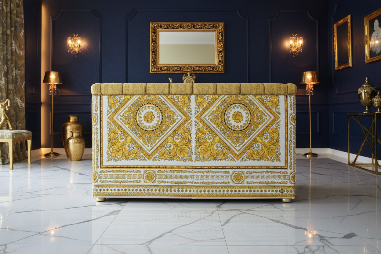 Luxury Custom Salone 2-Seater Sofa in Versace Barocco Gold fabric - rear panel detail in luxury interior