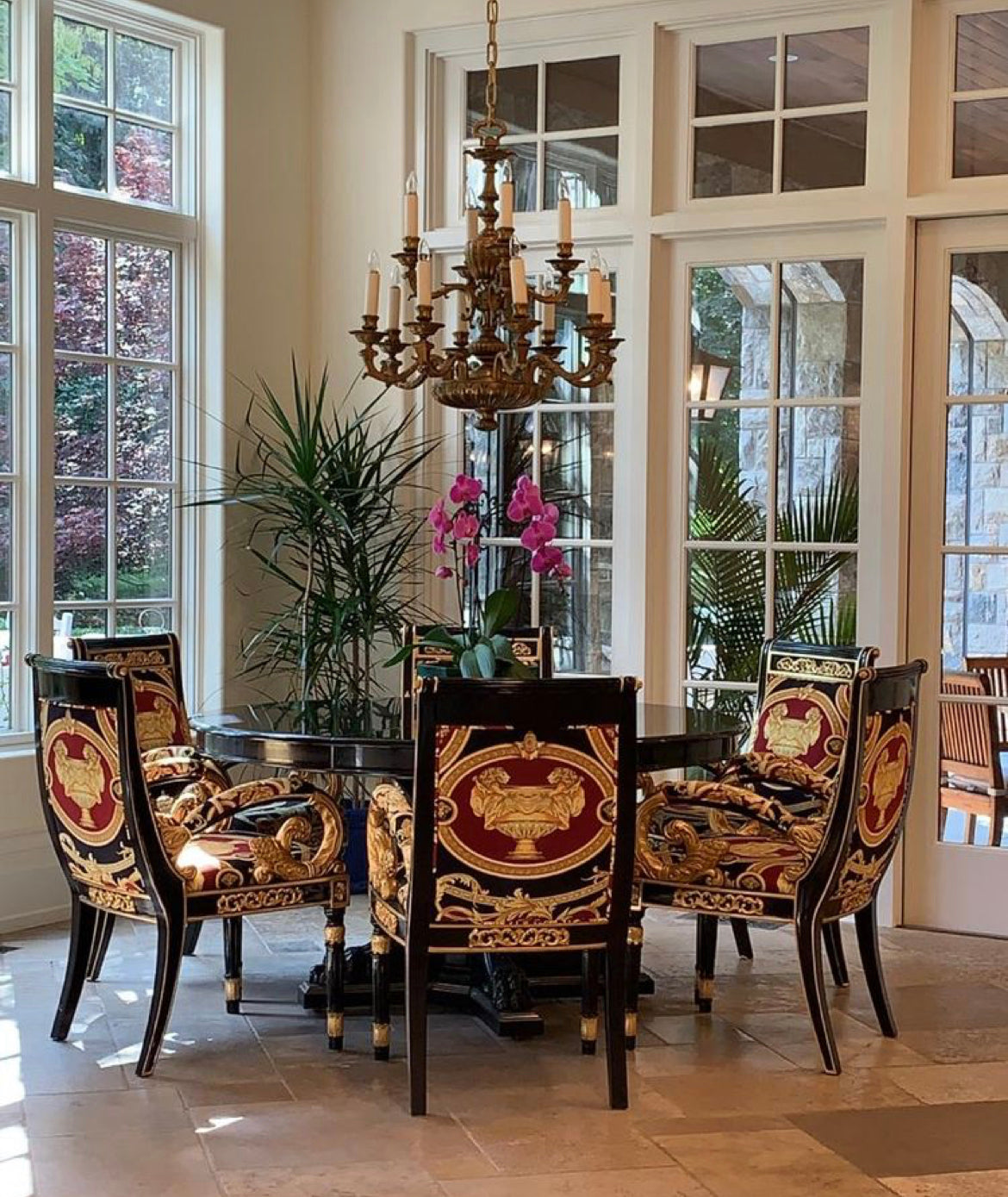 Breakfast Dining Custom Vanitas Round Table Set For 6 - Armchair in Versace Red Double Lion Velvet Fabric