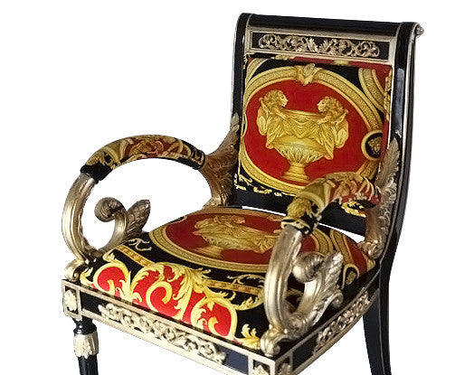 Breakfast Dining Custom Vanitas Round Table Set For 6 - Armchair in Versace Red Double Lion Velvet Fabric