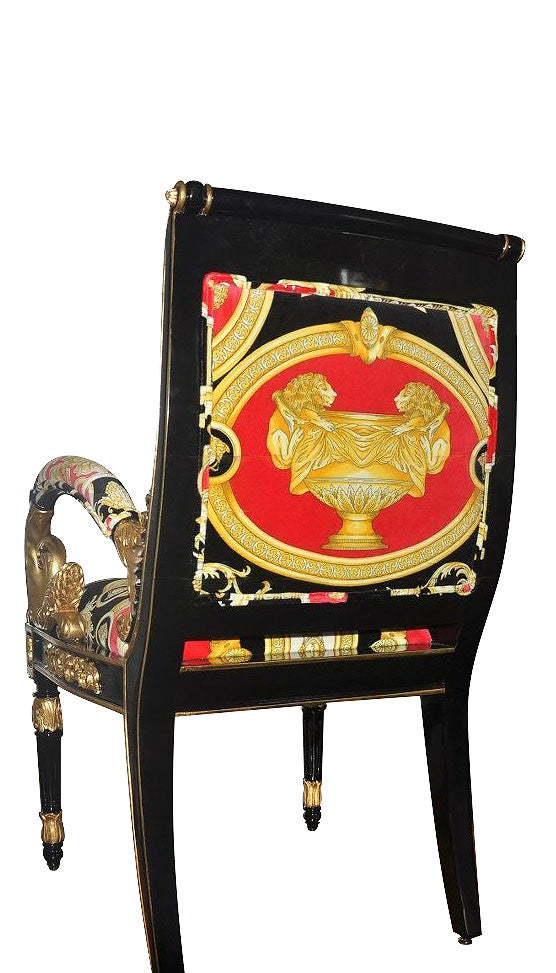 Breakfast Dining Custom Vanitas Round Table Set For 6 - Armchair in Versace Red Double Lion Velvet Fabric