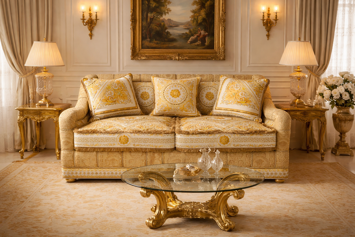 Sofa Custom Salone Sofa In Versace Carre White Fabric and Versace Gold Fabric