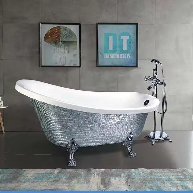 Luxury Free Standing Bathtub Silver Mosaic Custom Design Inlay Silver Claw Footed