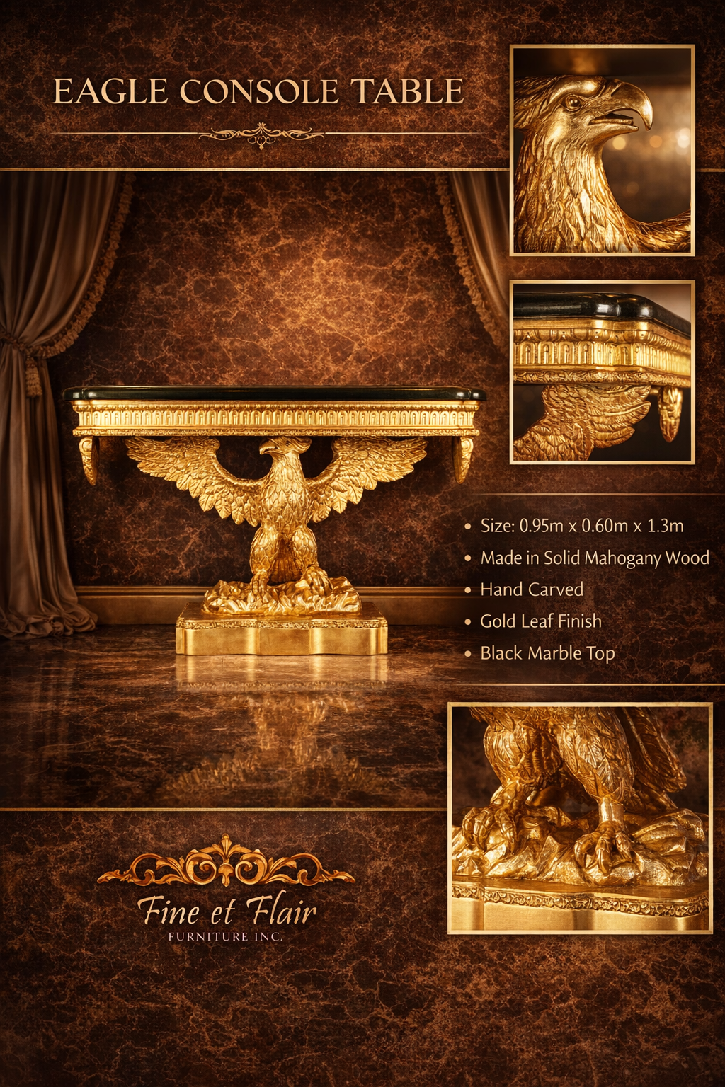 Eagle console table with gold leaf finish and black marble top, featuring Fine et Flair Furniture Inc. branding.