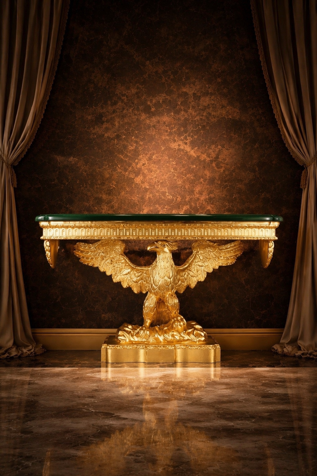 Gold table with eagle design in a room with dark walls and curtains