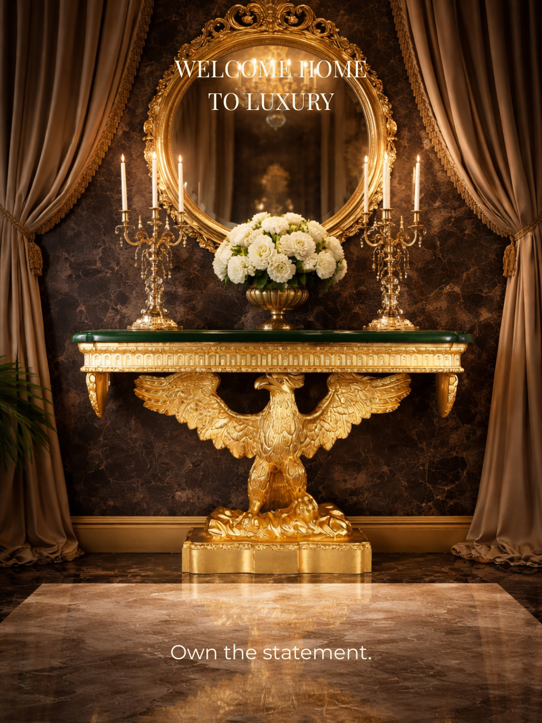 Luxurious interior with ornate mirror, gold console table, and white flowers.