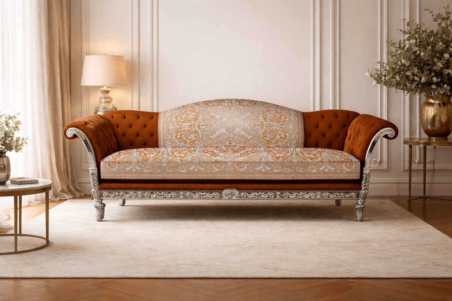 Sofa 3-Seater Custom Tzar Sofa In Versace Baroque Orange Silk Fabric Diamond Button Back Seat and Arm