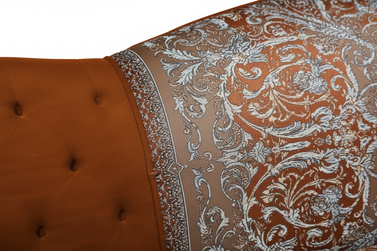 Macro detail of Versace Baroque heavy silk fabric with diamond button tufting on the Tzar Sofa