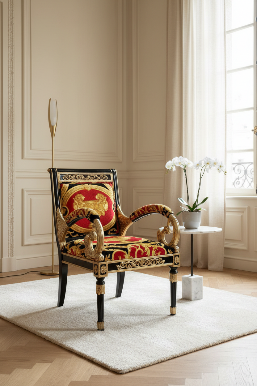 Luxury Custom Vanitas Armchair with Black Lacquer de Chine and Gold Accent finish in Versace Red Double Lion velvet in a serene calm luxury room