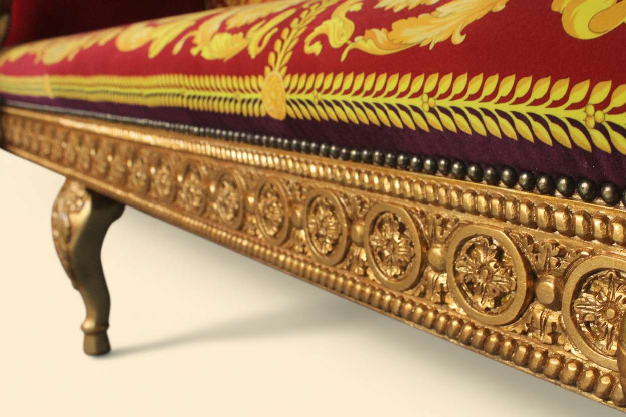 Apron rail floral medallion and bead carving detail — Versace Barocco Red Velvet 3-Seater Luxury Sofa