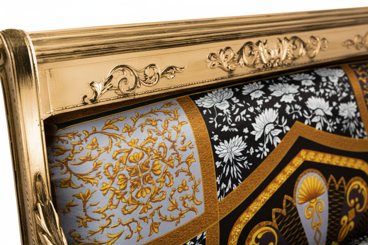 Close-up of hand-carved Gold Leaf Vanitas ornate scrollwork and floral motifs on the luxury loveseat frame with Atelier Versace Medusa Square velvet