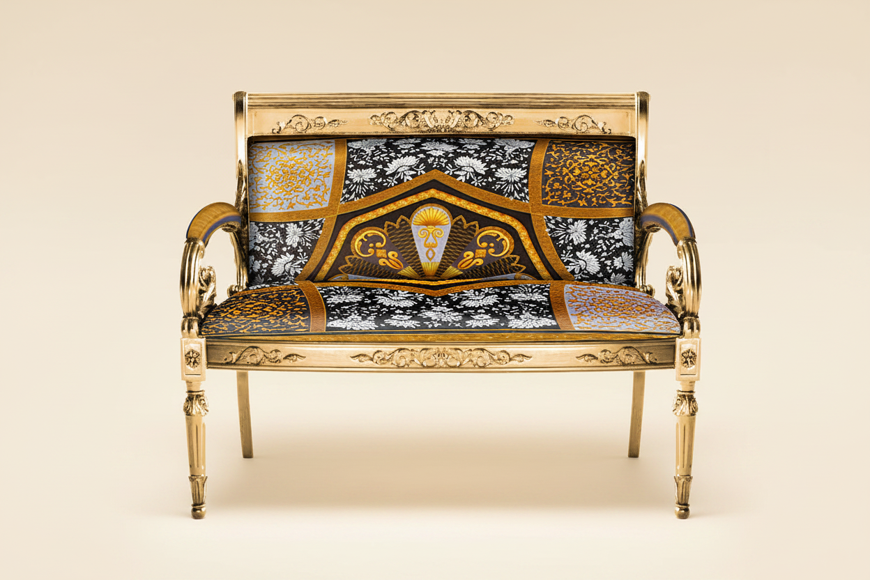 Full front-facing hero shot of the Luxury Custom Vanitas 2-Seater Loveseat with Gold Leaf finish and Atelier Versace Medusa Square cotton velvet against a clean soft luxury background