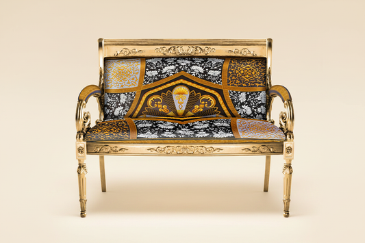Full front-facing hero shot of the Luxury Custom Vanitas 2-Seater Loveseat with Gold Leaf finish and Atelier Versace Medusa Square cotton velvet against a clean soft luxury background