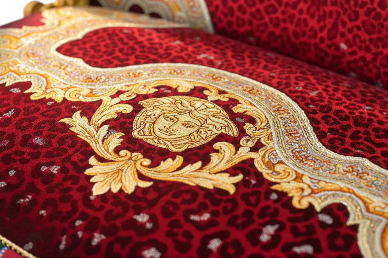 Macro detail of Gianni Versace Red Vintage Medusa velvet fabric with iconic Medusa motif in crimson red, gold and silver tones on the Vanitas loveseat