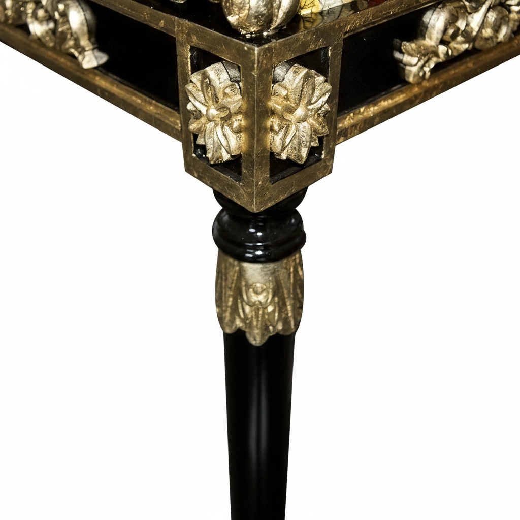 Enhanced detail shot of the hand-carved corner joint and leg with gold floral motifs on the Luxury Custom Vanitas Armchair