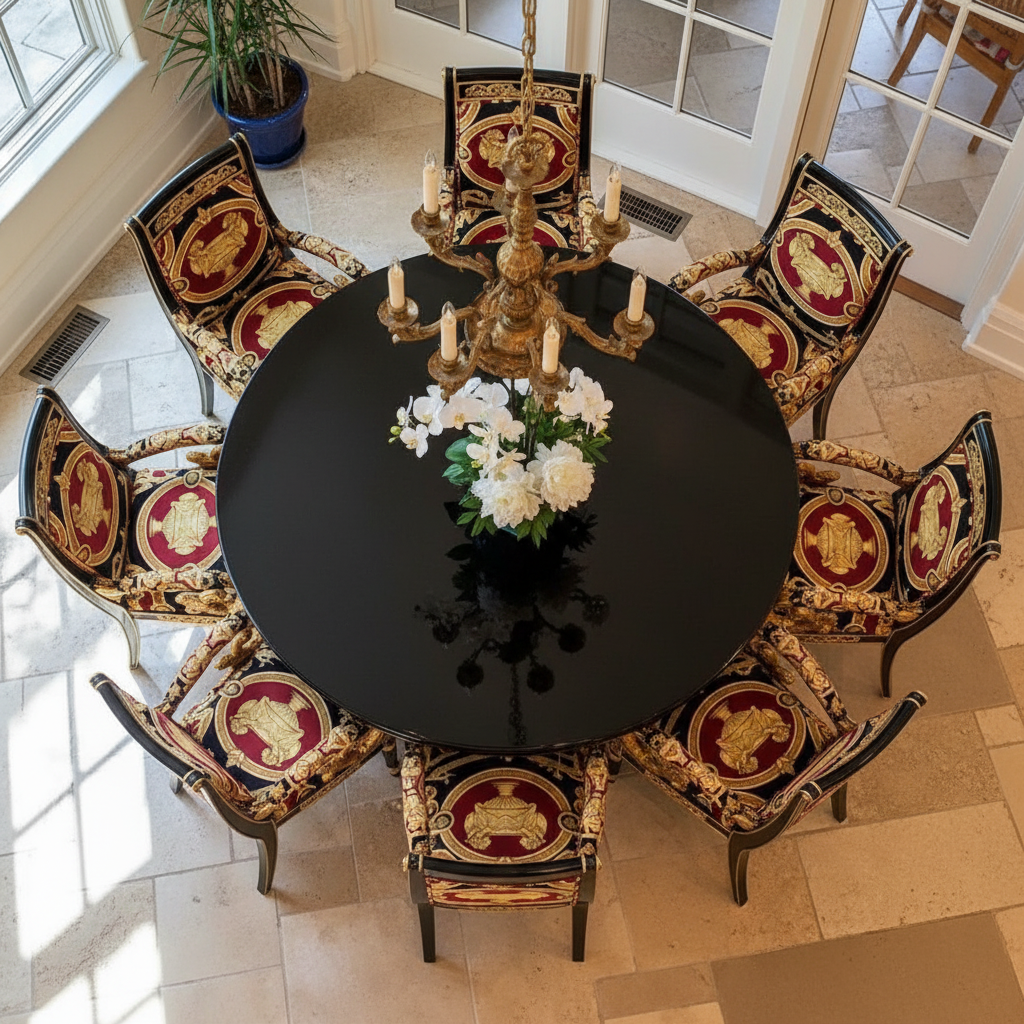 Top-down bird's eye view of the Luxury Custom Vanitas Dining Set for 6 showing the full round black lacquer table with gold accent base and 6 Versace Red Double Lion velvet armchairs arranged around it