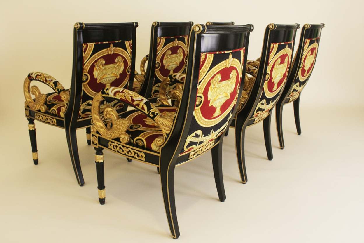 Enhanced back and side view of Luxury Custom Vanitas Dining Armchairs showing outer Versace Double Lion velvet pattern and sabre legs on clean studio backdrop