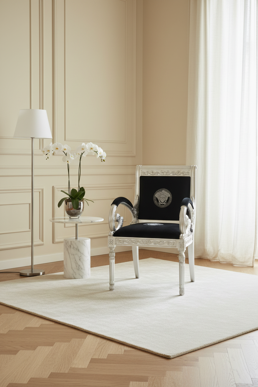 Luxury Custom Vanitas Armchair with Silver Leaf finish and black velvet upholstery with silver Medusa Greek Key embroidery in a serene calm luxury room