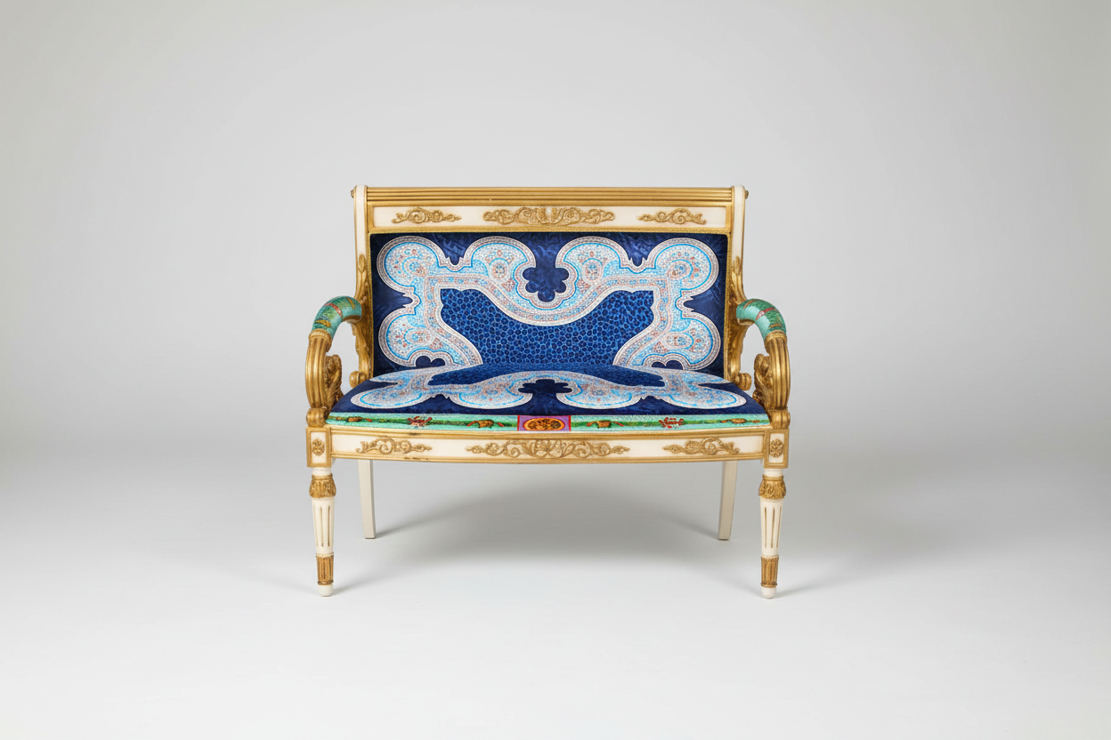 Full front-facing view of the Luxury Custom Vanitas 2-Seater Loveseat with Gold & White Lacquer finish and Gianni Versace Blue Vintage Medusa fabric against a clean soft luxury background