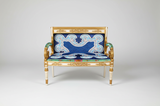 Full front-facing view of the Luxury Custom Vanitas 2-Seater Loveseat with Gold & White Lacquer finish and Gianni Versace Blue Vintage Medusa fabric against a clean soft luxury background