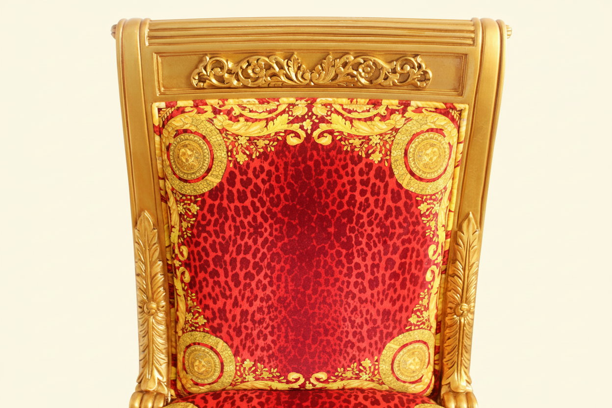 Enhanced detail shot of the backrest showing the four Medusa medallion corners, acanthus scrollwork crest rail and Versace Barocco Leopard Red velvet on the Luxury Custom Vanitas Side Chair