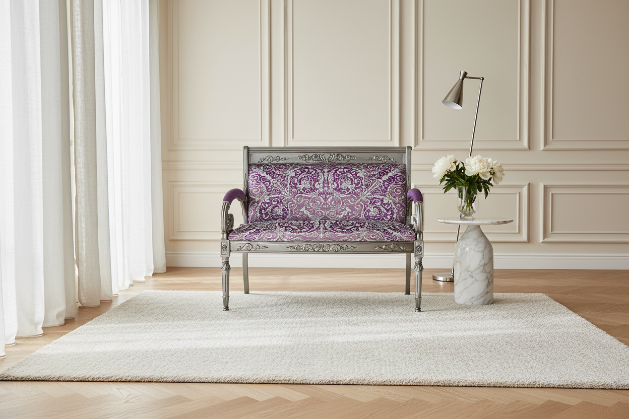 Luxury Custom Vanitas 2-Seater Loveseat with Silver Leaf finish and Versace Violet Baroque velvet in a serene calm luxury living room