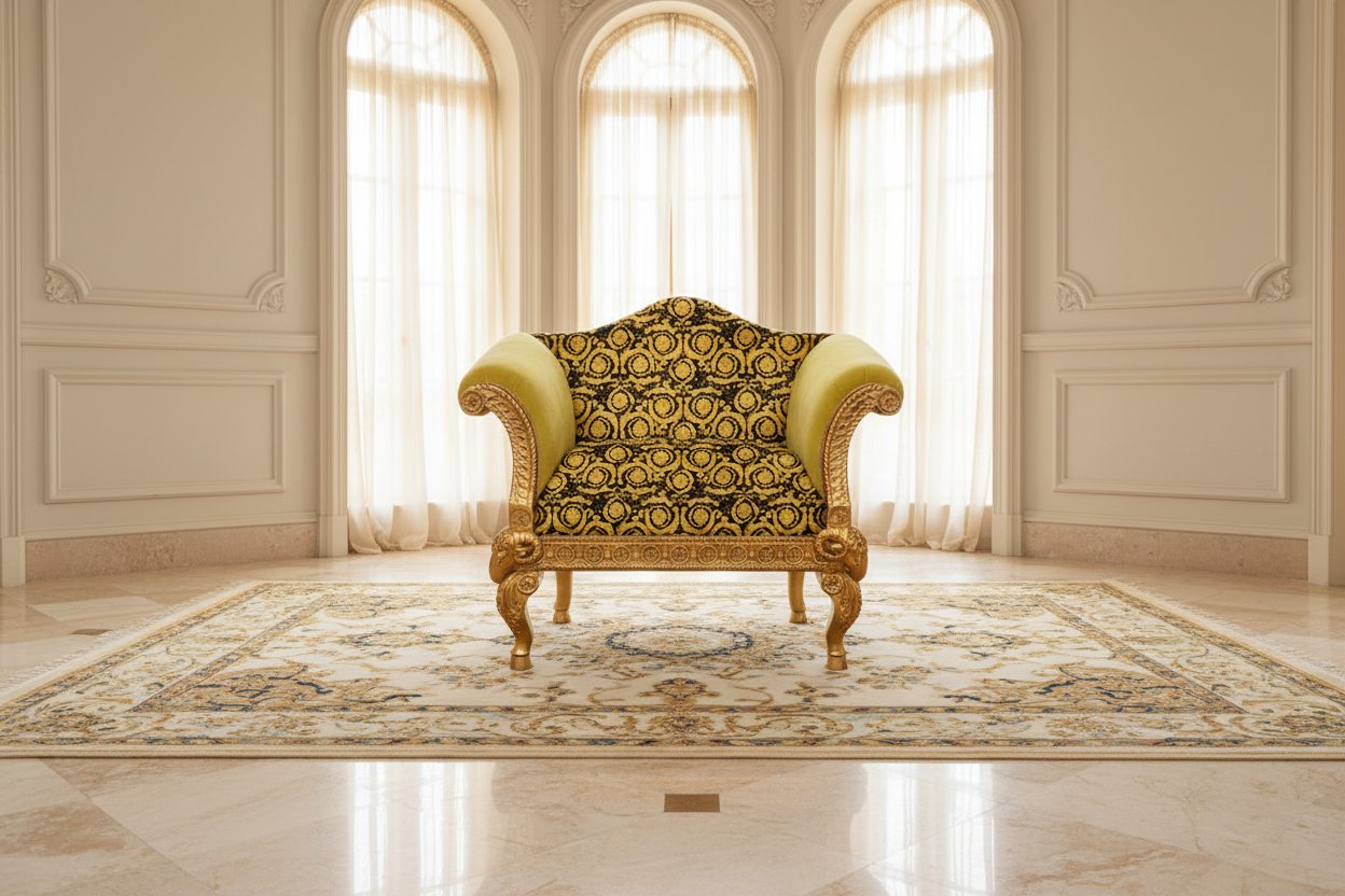 Versace Barocco Velvet Single Seater Armchair — Gold Leaf Ram's Head Carved Mahogany | 117cm