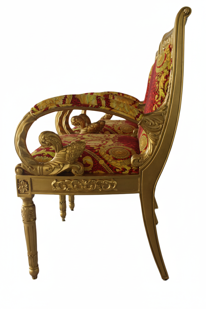Enhanced side view of the Luxury Custom Vanitas Armchair with Gold Leaf finish showing ornate carved griffin arm, scrollwork, fluted legs and Versace Barocco Leopard Red velvet