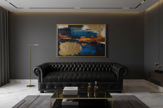 Black Chesterfield 3-Seater Sofa in genuine leather - luxury dark living room setting with marble floors and gold accents