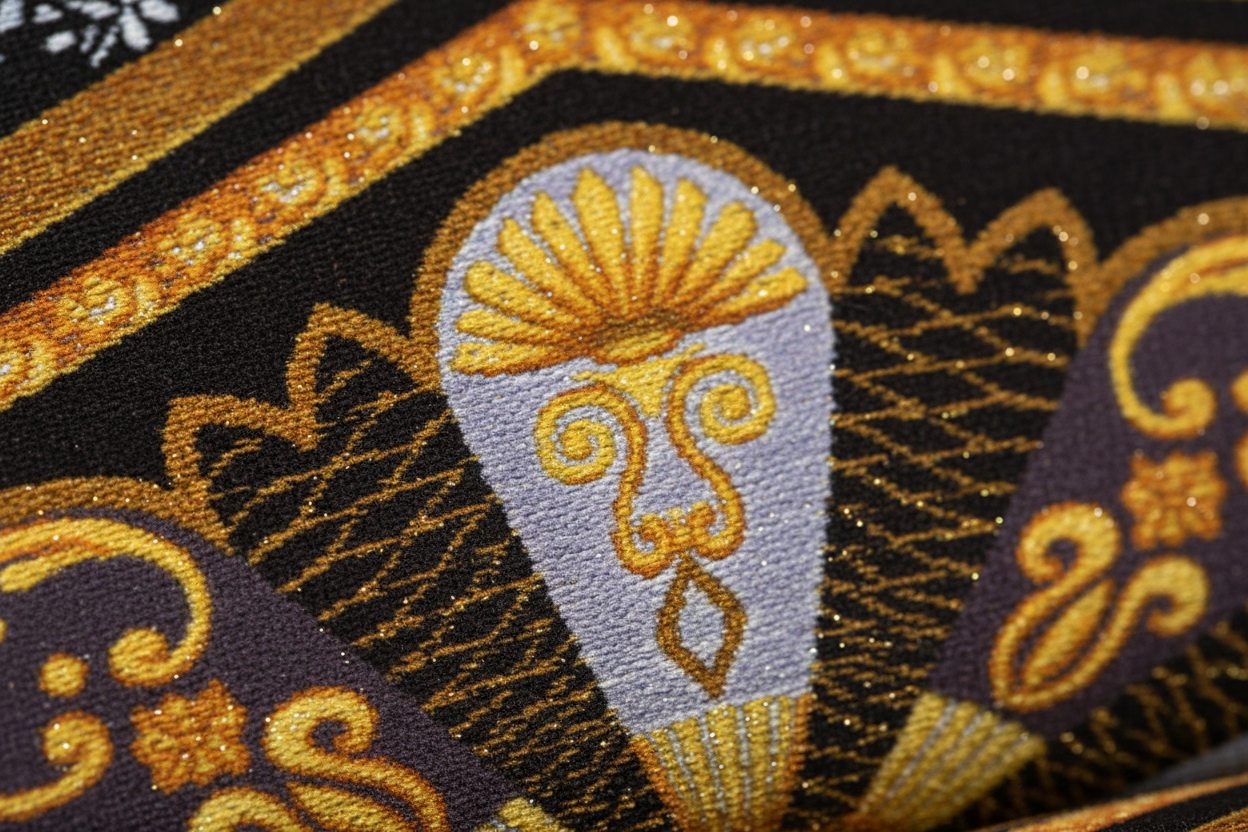 Macro detail of Atelier Versace Medusa Square 100% cotton velvet fabric with iconic Medusa motif in black, gold, brown and lavender tones