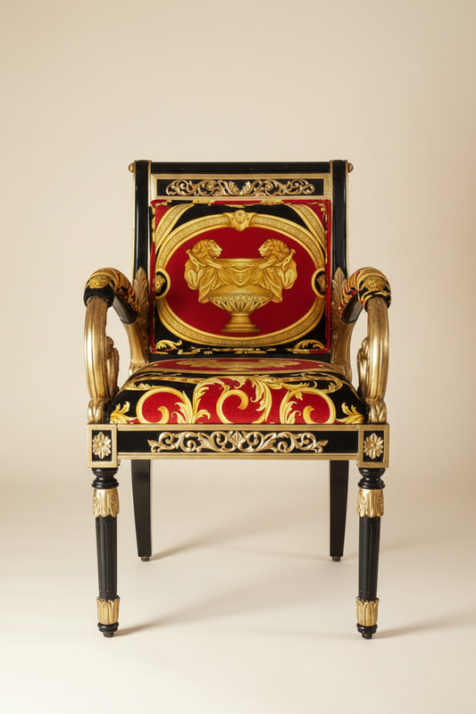 Full front-facing hero shot of the Luxury Custom Vanitas Armchair with Black Lacquer de Chine and Gold Accent finish in Versace Red Double Lion velvet against a clean soft luxury background