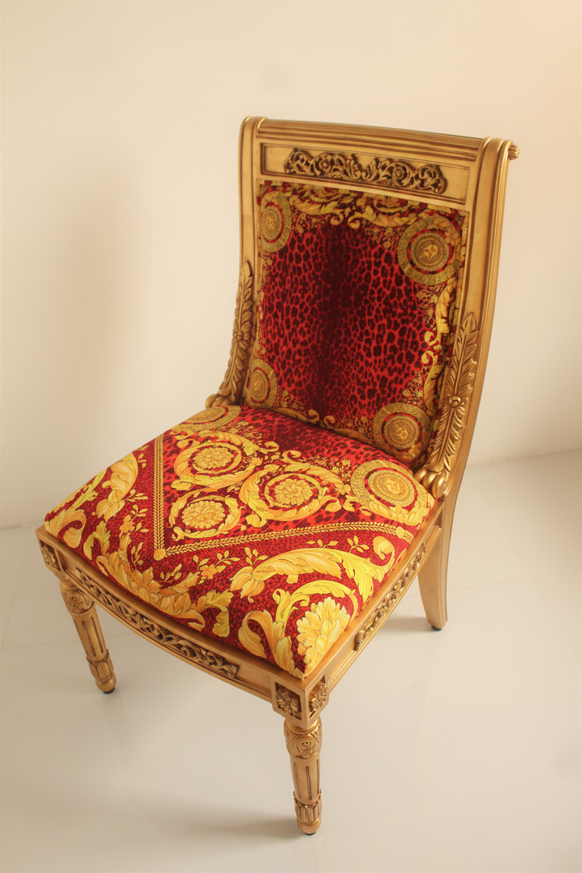 Enhanced angled side view of the Luxury Custom Vanitas Side Chair with Gold Leaf carved frame and Versace Barocco Leopard Red velvet on clean ivory studio backdrop