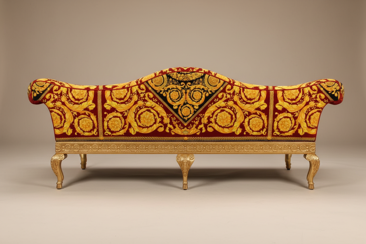 Versace Barocco Red Velvet 3-Seater Luxury Sofa — back view showing full Barocco pattern