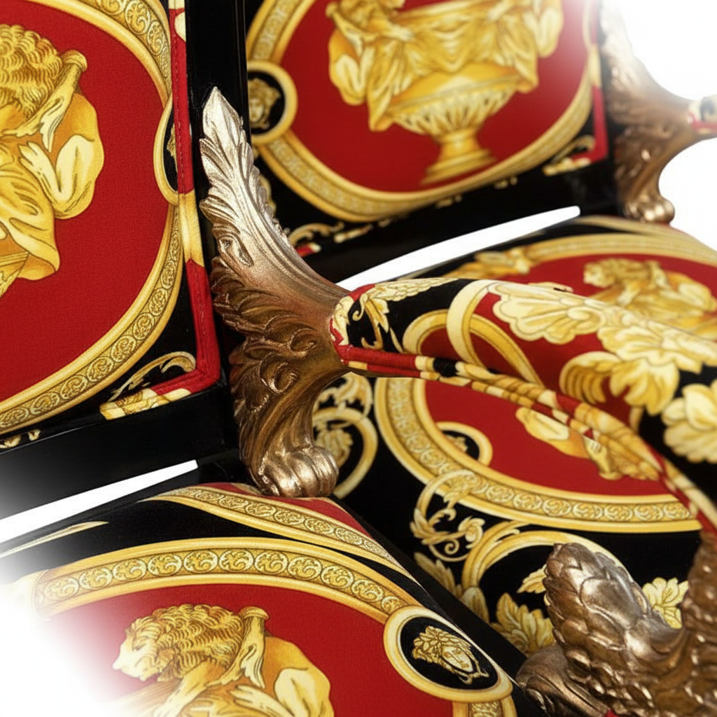Enhanced detail shot of the carved arm and Versace Red Double Lion velvet fabric on the Luxury Custom Vanitas Armchair