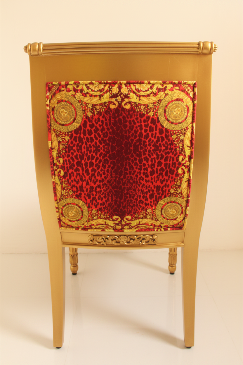 Enhanced back view of the Luxury Custom Vanitas Side Chair showing the full Versace Barocco Leopard Red velvet outer back pattern on clean ivory studio backdrop