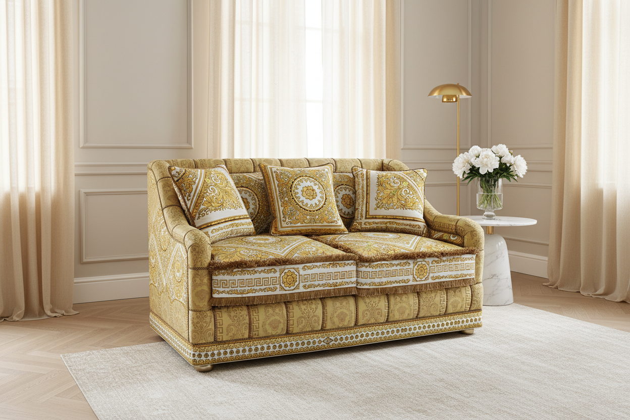 Luxury Custom Salone 2-Seater Sofa in Versace Carre White Gold velvet and Versace Medusa Greca fabric in a serene calm luxury living room