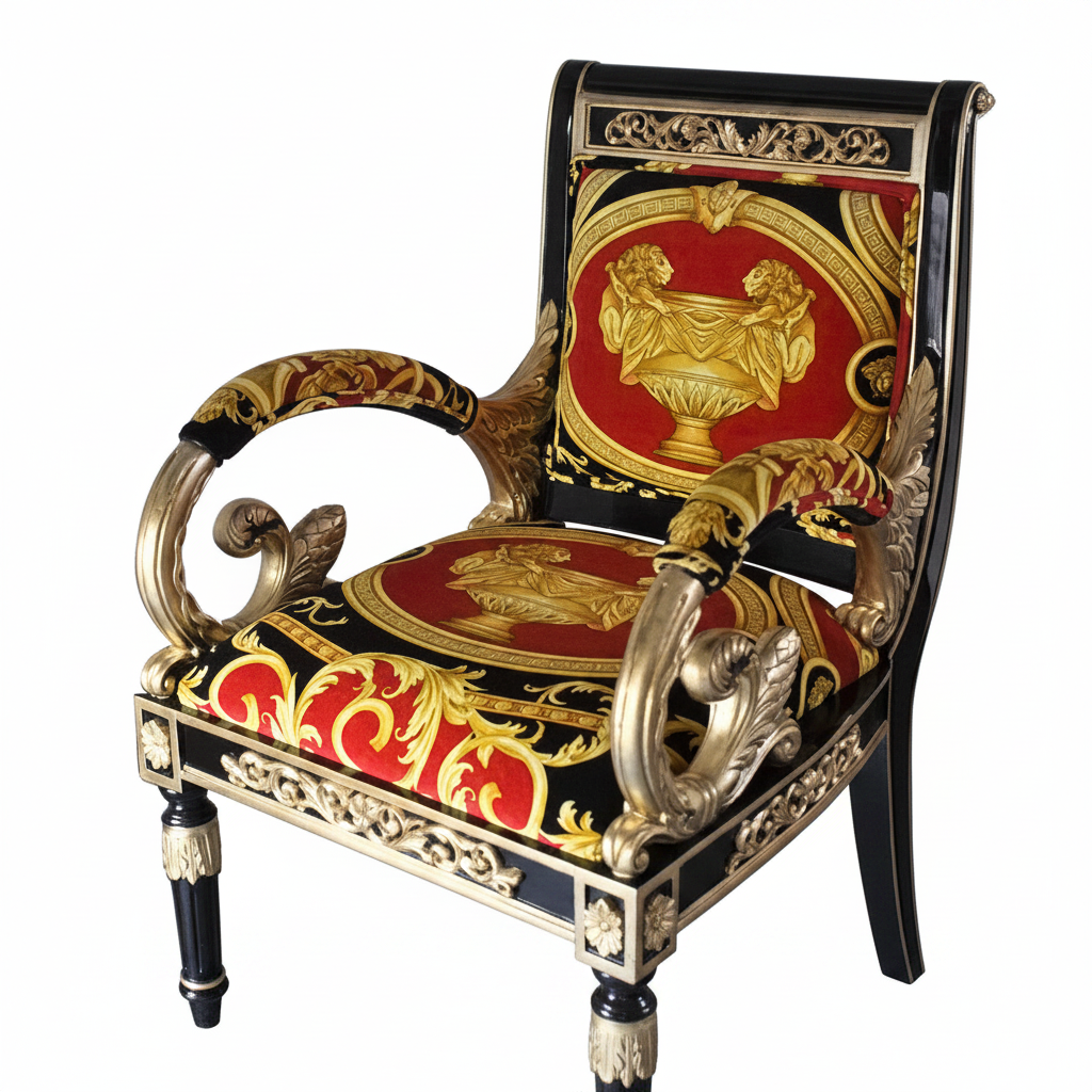Enhanced detail shot of the Luxury Custom Vanitas Armchair side view showing Versace Red Double Lion velvet and Black Lacquer de Chine with Gold Accent frame