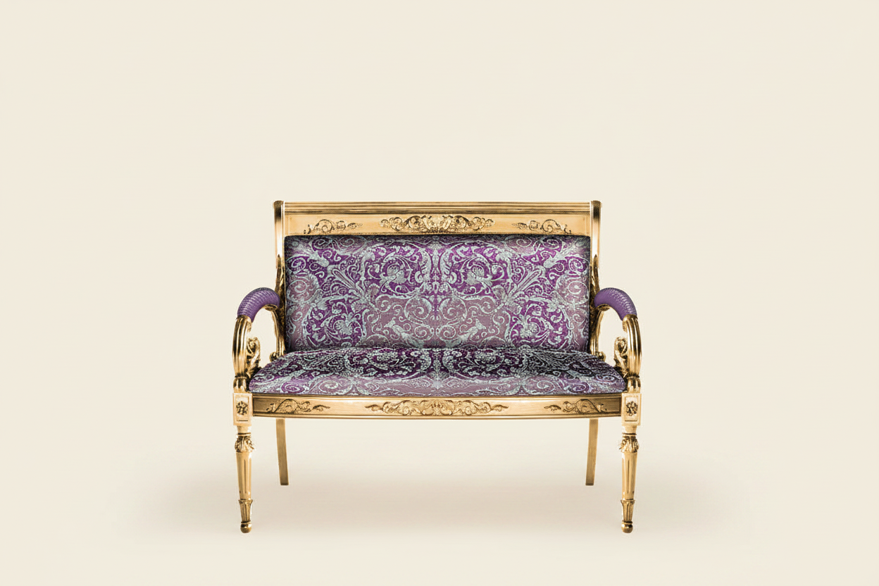 Full front-facing hero shot of the Luxury Custom Vanitas 2-Seater Loveseat with Gold Leaf finish and Versace Violet Baroque velvet against a clean soft luxury background