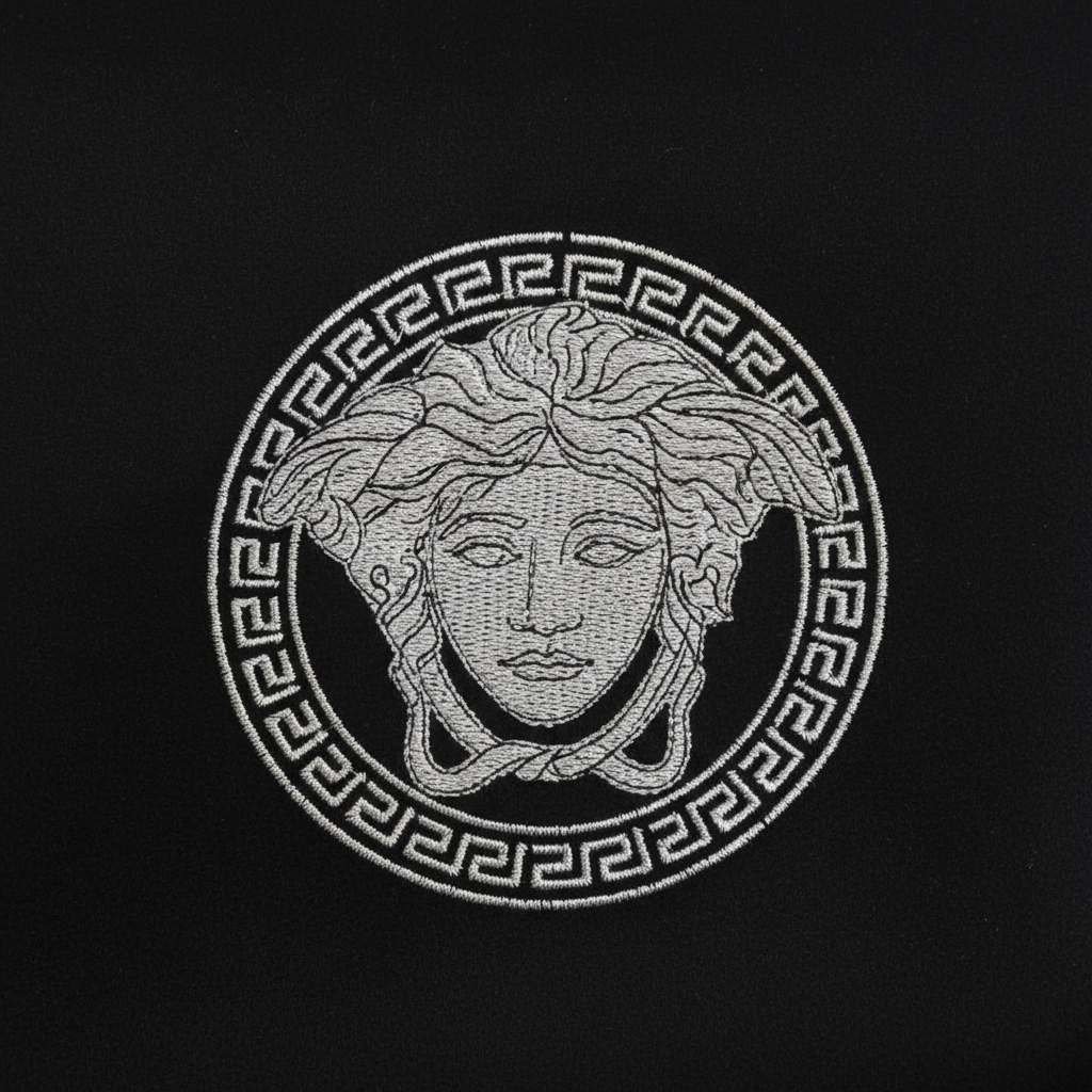 Close-up of silver Medusa Greek Key embroidery on black velvet backrest of the Luxury Custom Vanitas Armchair