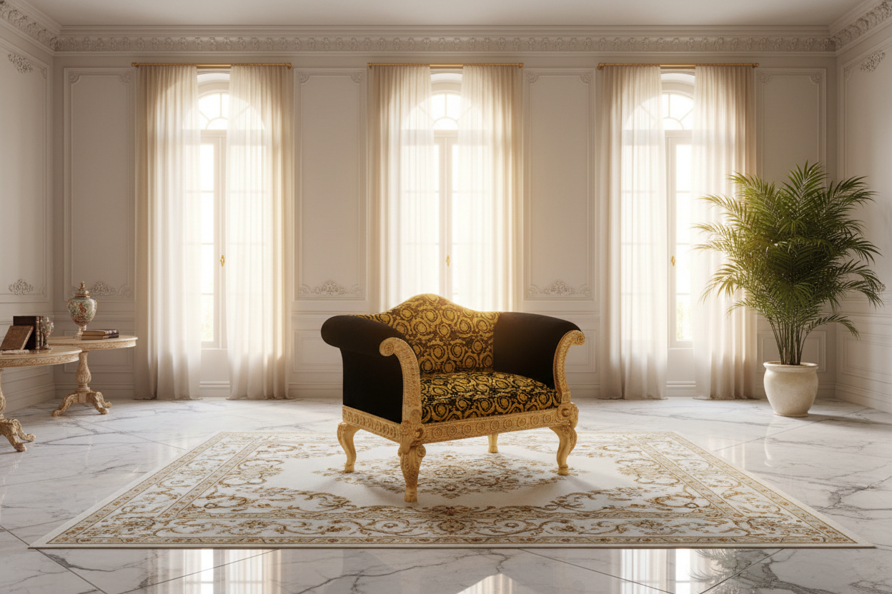 Versace Barocco Velvet Single Seater Armchair — Gold Leaf Ram's Head Carved Mahogany | 117cm
