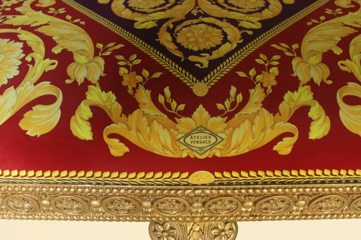 Versace Barocco Red Velvet fabric and gold leaf carved mahogany frame close-up detail